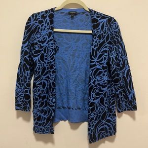 Patterned blue and black Talbots cardigan with black buttons and 3/4 sleeves